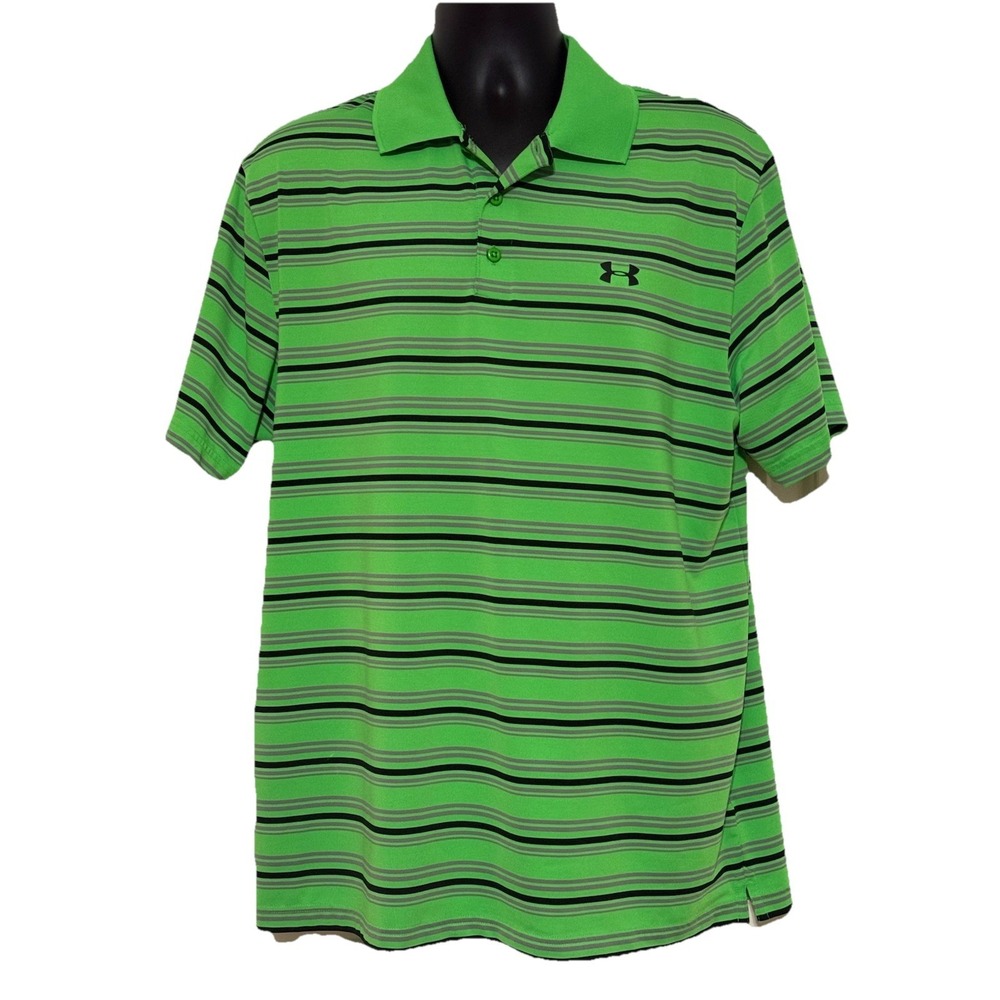 Men's Under Armour Heat Gear Loose Striped Short Sleeve Golf Polo Shirt Size XL